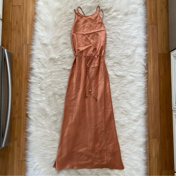 Nanushka Narita Belted Peach Apricot Satin Sleeveless High Neck Midi Dress - Picture 2 of 14